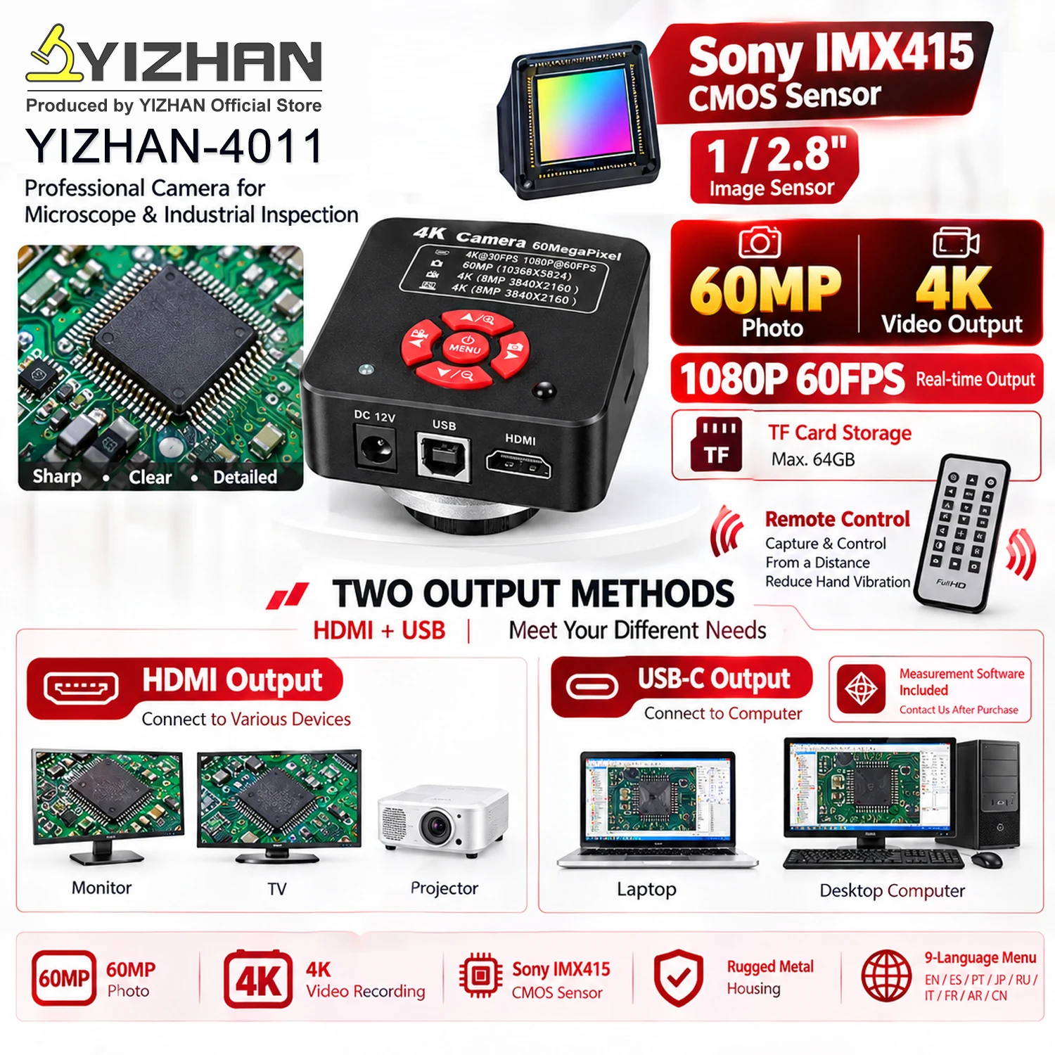 YIZHAN 48MP 4K Electronics Soldering Microscope FULL HD 1080P HDMI Camera USB Software 1-150x Lens Stand Shipping From Europe