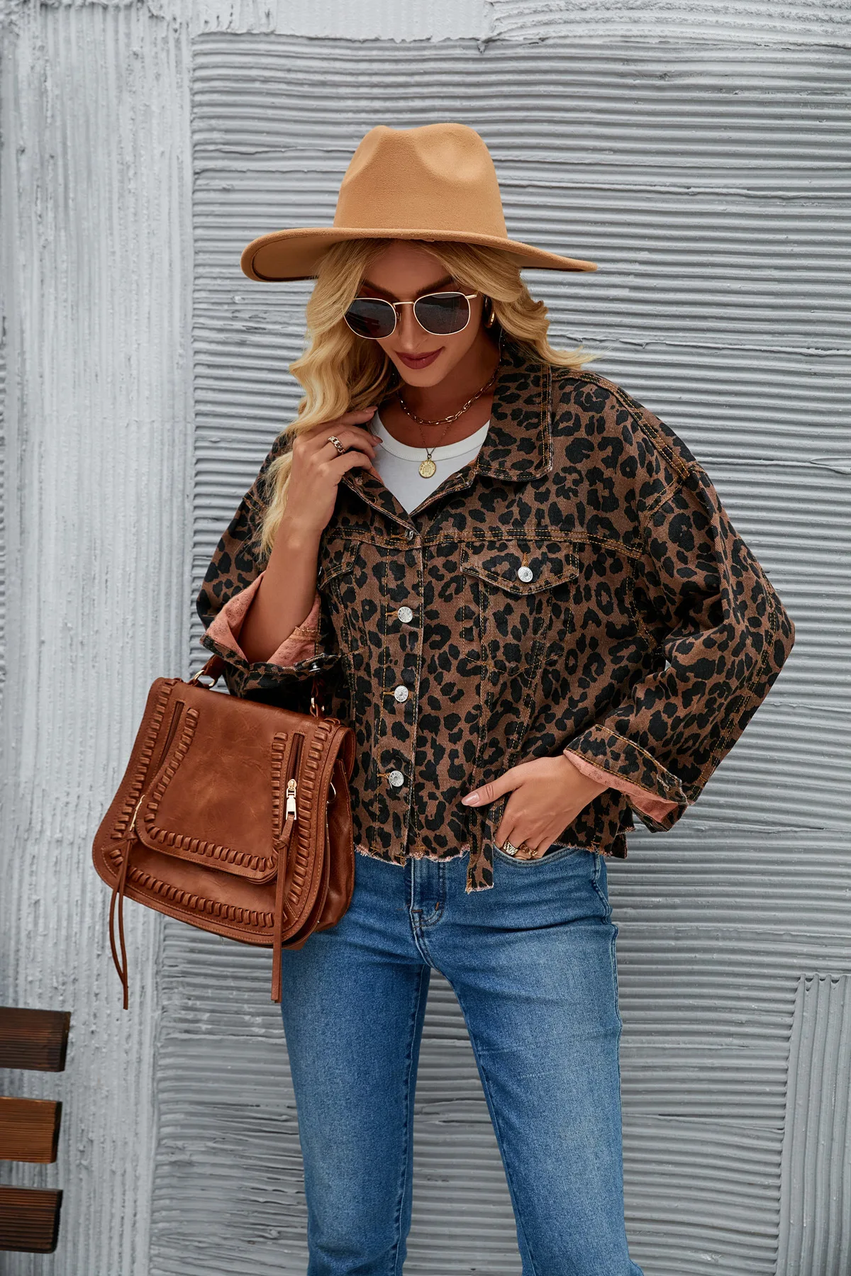 Camour Denim Leopard Print Fashion Leisure Time Denim Jacket Washed Denim Motorcycle Jacket  Luxury Brand