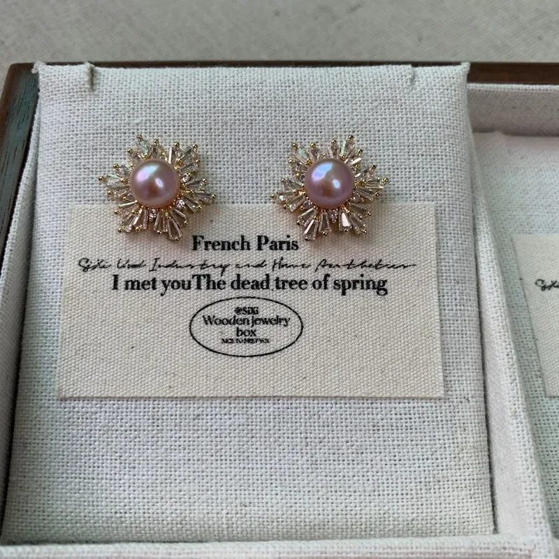 French snowflake zircon inlaid with natural pink pearl stud earrings light luxury sunflower freshwater pearl earrings women's
