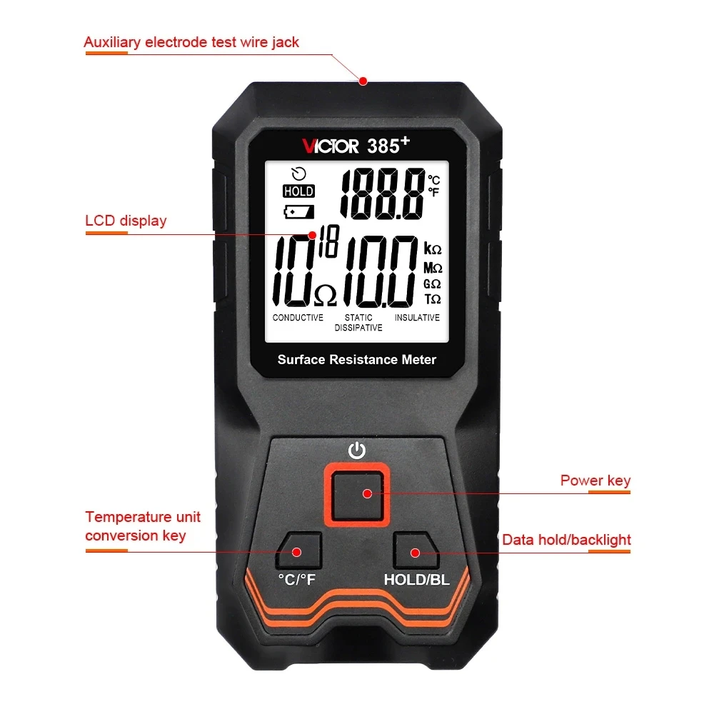 Imagem -02 - Victor 385 Mais Surface Resistance Meter Instrumento Eletrostático Detector Estático Testador de Resistência a Isolamento Componentes Eletrônicos