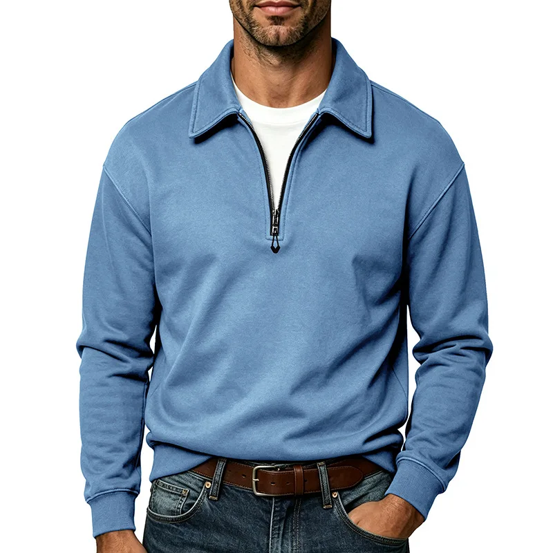 Men's Turn Down Collar Half Zipper Sweatshirt Spring Autumn Business Casual Pullover Hoodie Man Solid Loose Fashion Pull On Tops