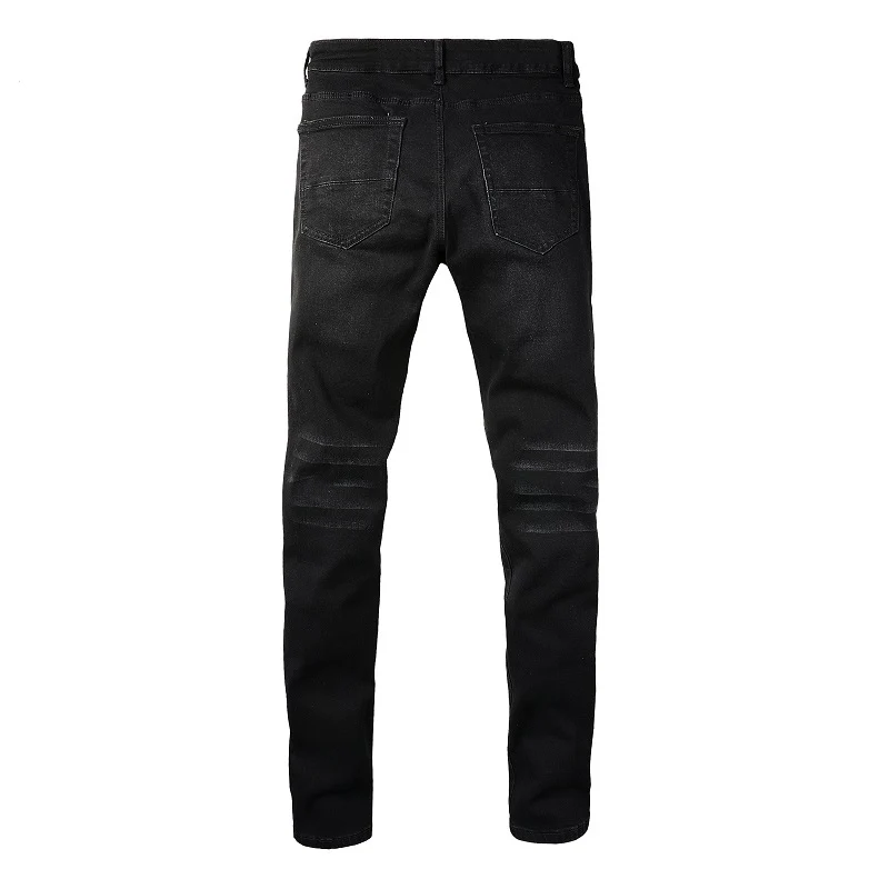 Herren Plissierte Patchwork-Biker-Jeans Streetwear Skinny Tapered Stretch-Denim-Hose Zerrissene Patchwork-Schwarze Hose – Detail 15