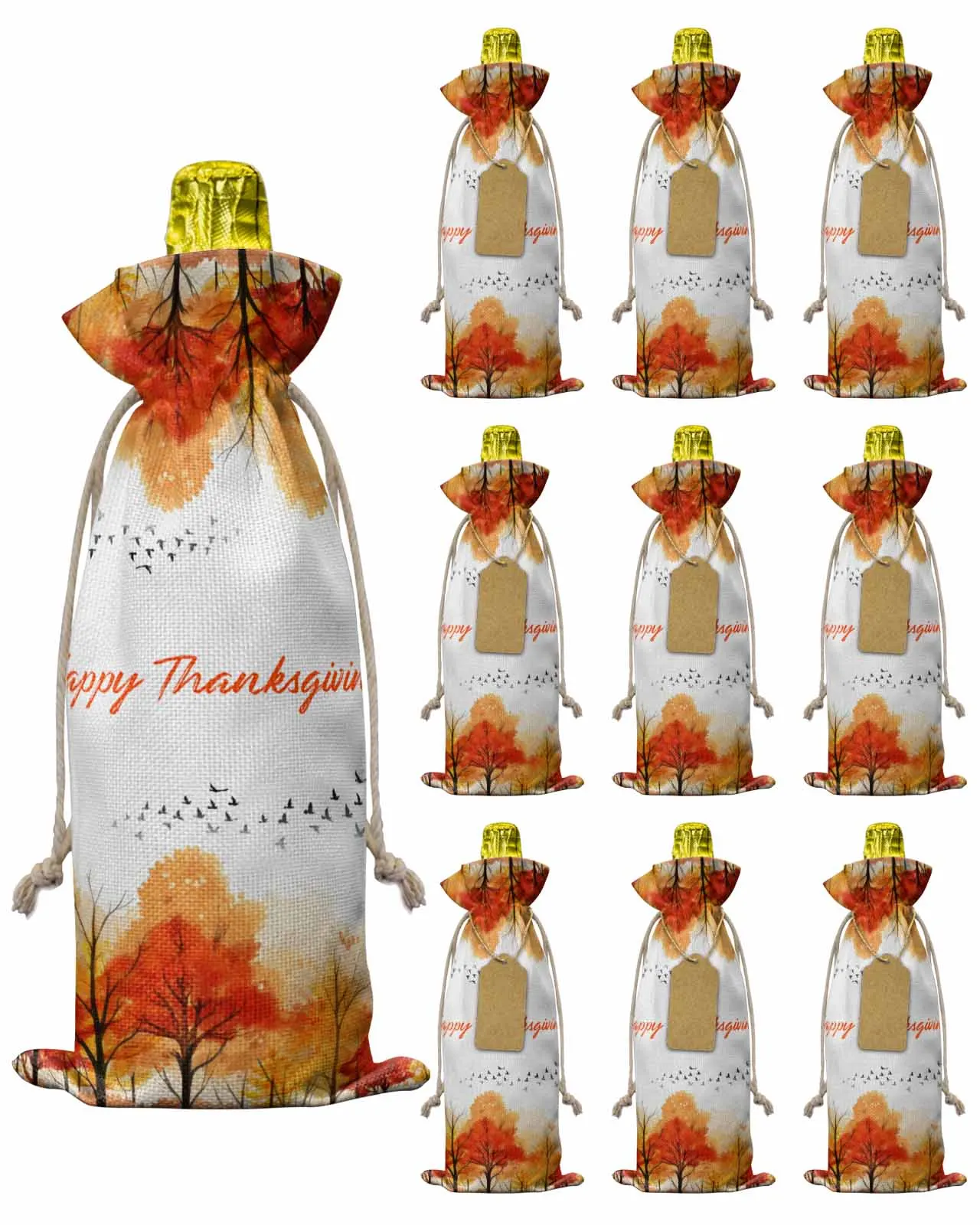 10pcs Tree Silhouette WatercolorWine Bottle Bag with Drawstring Festive Party Decor Wine Bottle Covers Gift