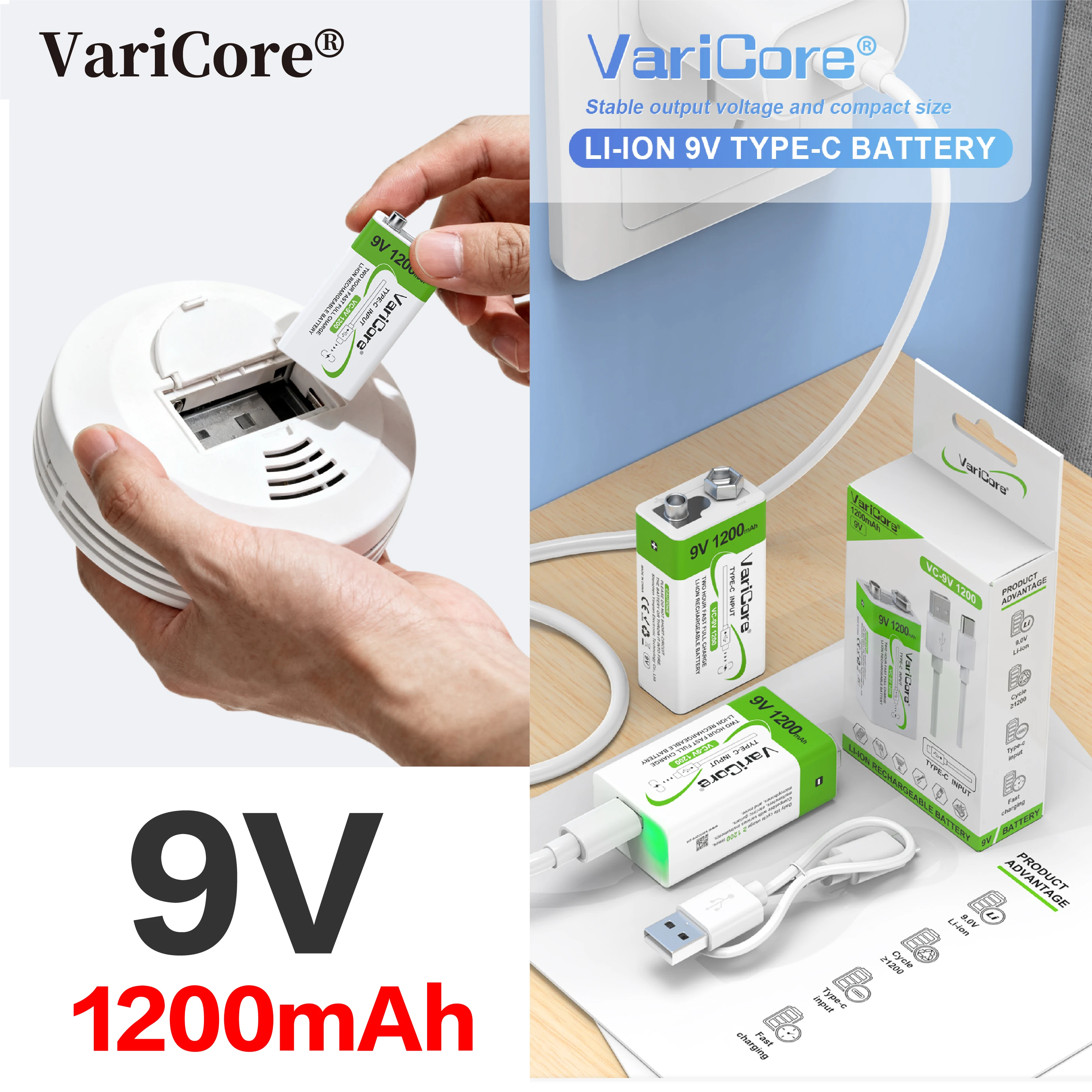 

VariCore 6F22- PP3-6LR61 -9V lithium-ion rechargeable battery/USB Type-C interface/1200mAh/multimeter/wireless microphone