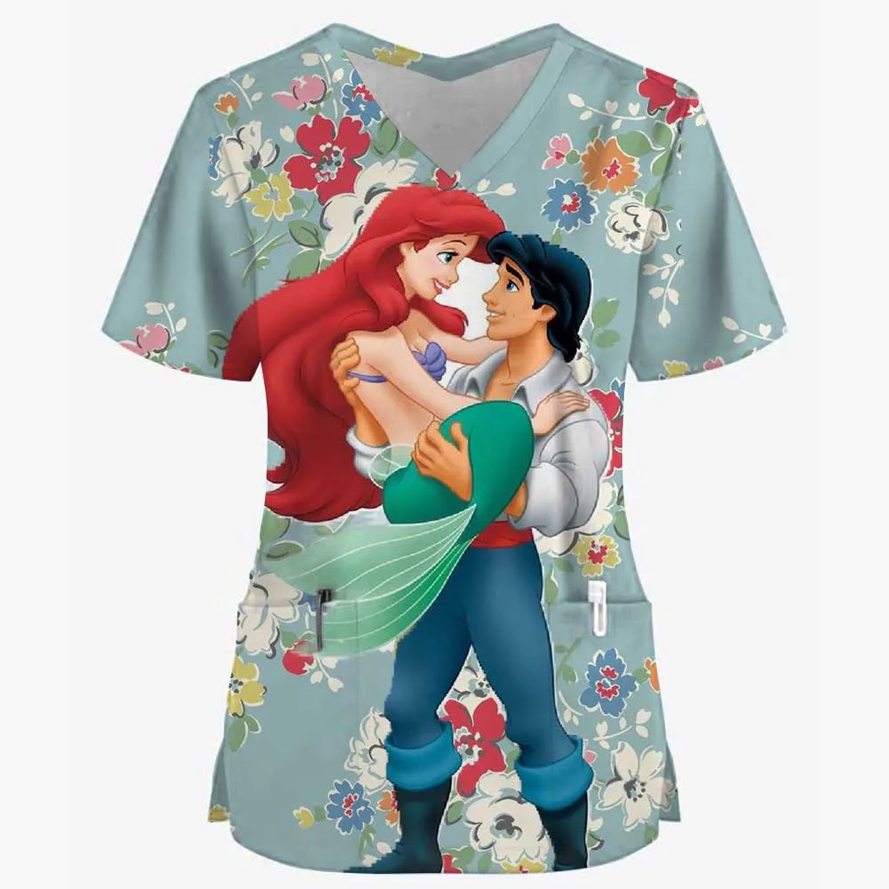 Disney Princess Women Uniform Print Frozen Elsa Snow White Short Sleeve V-neck Tops Femme Blouse Nurse workMedical Uniforms