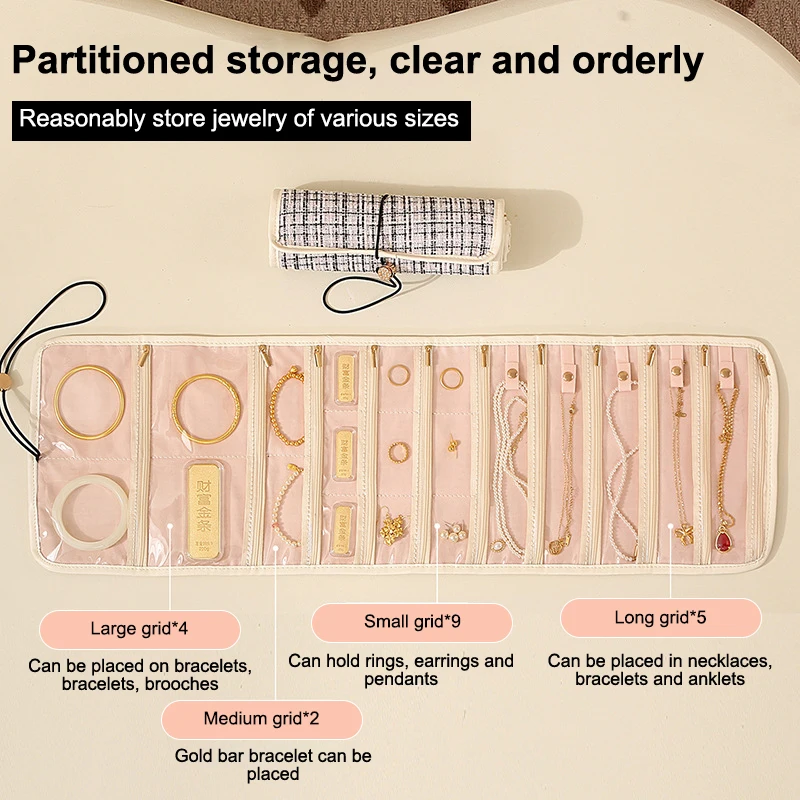 Grande 20 grades dobrável saco de jóias moda portátil viagem rolo de jóias para mulheres colar brinco anel exibição armazenamento