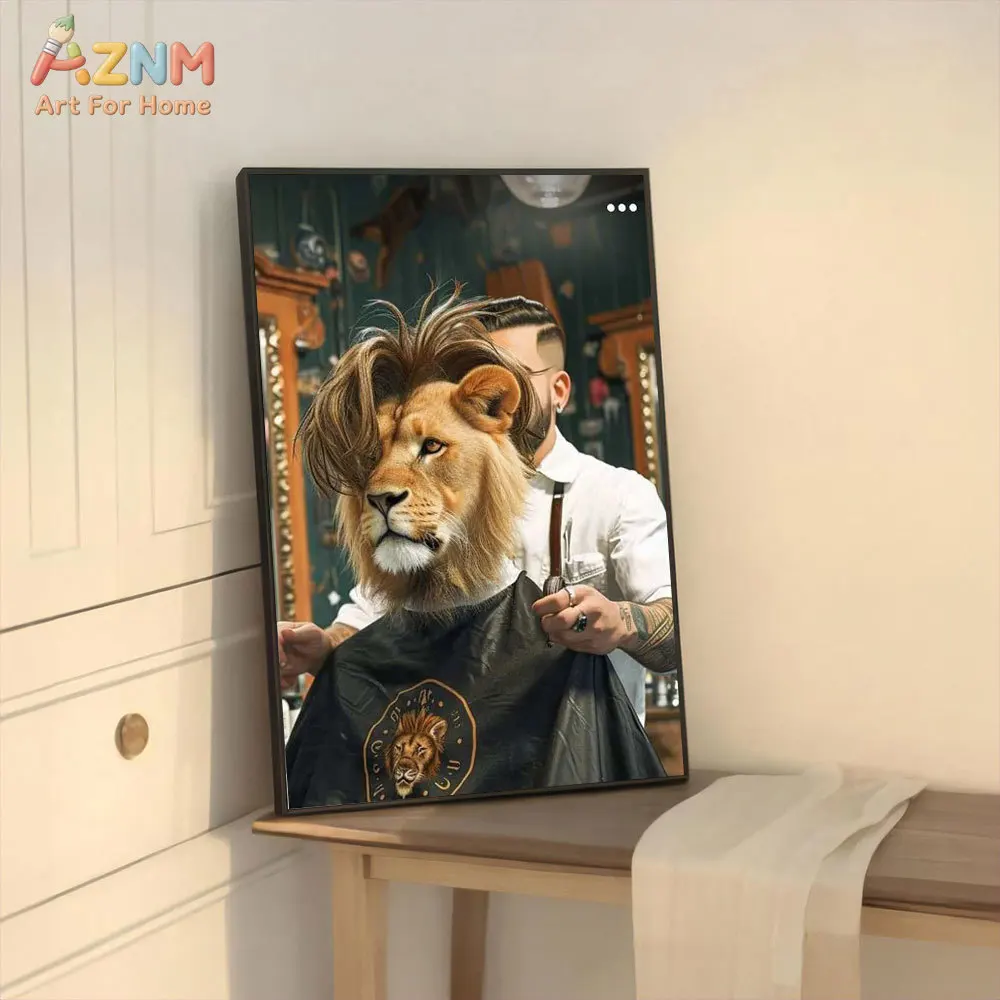 AZNM Funny Lion with Hair Rollers Canvas Wall Art, Black White Humorous Animal Print Poster, Unframed Whimsical Bathroom Decor A