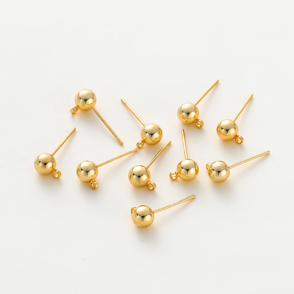 14K 18K Gold Plated Round Ball Ear Post With Loop Studs Earrings Backs Plug Ear Pins Ball Needles for DIY Jewelry Making Finding