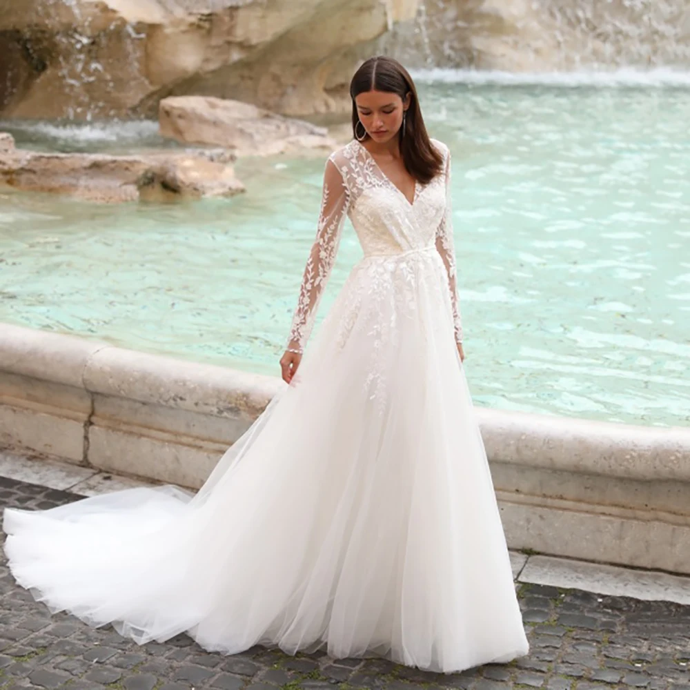 

Msikoods Boho Wedding Dresses 2025 Illusion Long Sleeve V Neck A Line Bridal Gown Luxury Lace Applique Wedding Gowns Customized