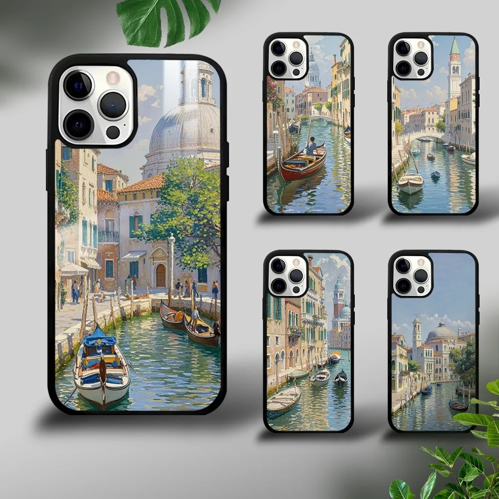 Oil Painting Venice Town Phone Case For iPhone 16 15 14 13 12 11 Pro Xs Max Mini Plus Celulares Hard Funda