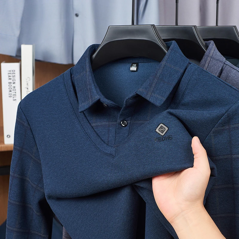 

Высококачественная мужская рубашка-поло из двух частей с длинным рукавом и v-образным вырезом, дышащая футболка, осенняя повседневная мужская одежда, удобная мягкая