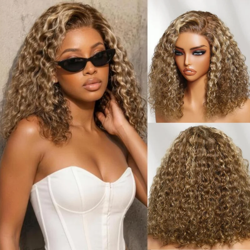 Klaiyi 7x5 Bye-Bye Slip™ Pre-Cut Lace Glueless Invisible Drawstring Honey Blonde Highlights Voluminous Curly Bob 100% Human Hair