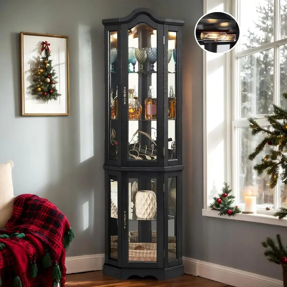 

Угловой витринный шкаф 70,5 дюймов, высокий деревянный шкаф для посуды с дверцами из закаленного стекла, отдельно стоящая стеклянная витрина, винный шкаф для хранения