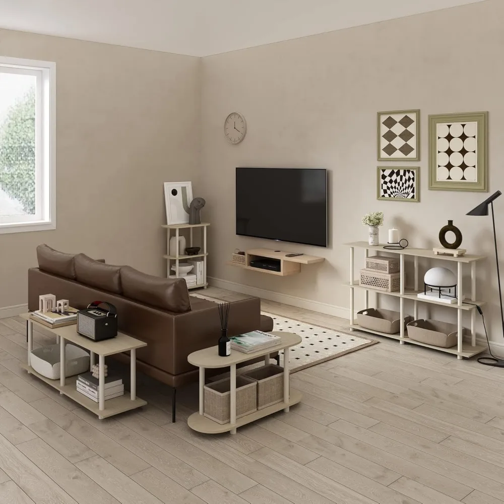 Modern Rectangle Side Table with No Tools Assembly, Bauhaus Oak/Beige Finish