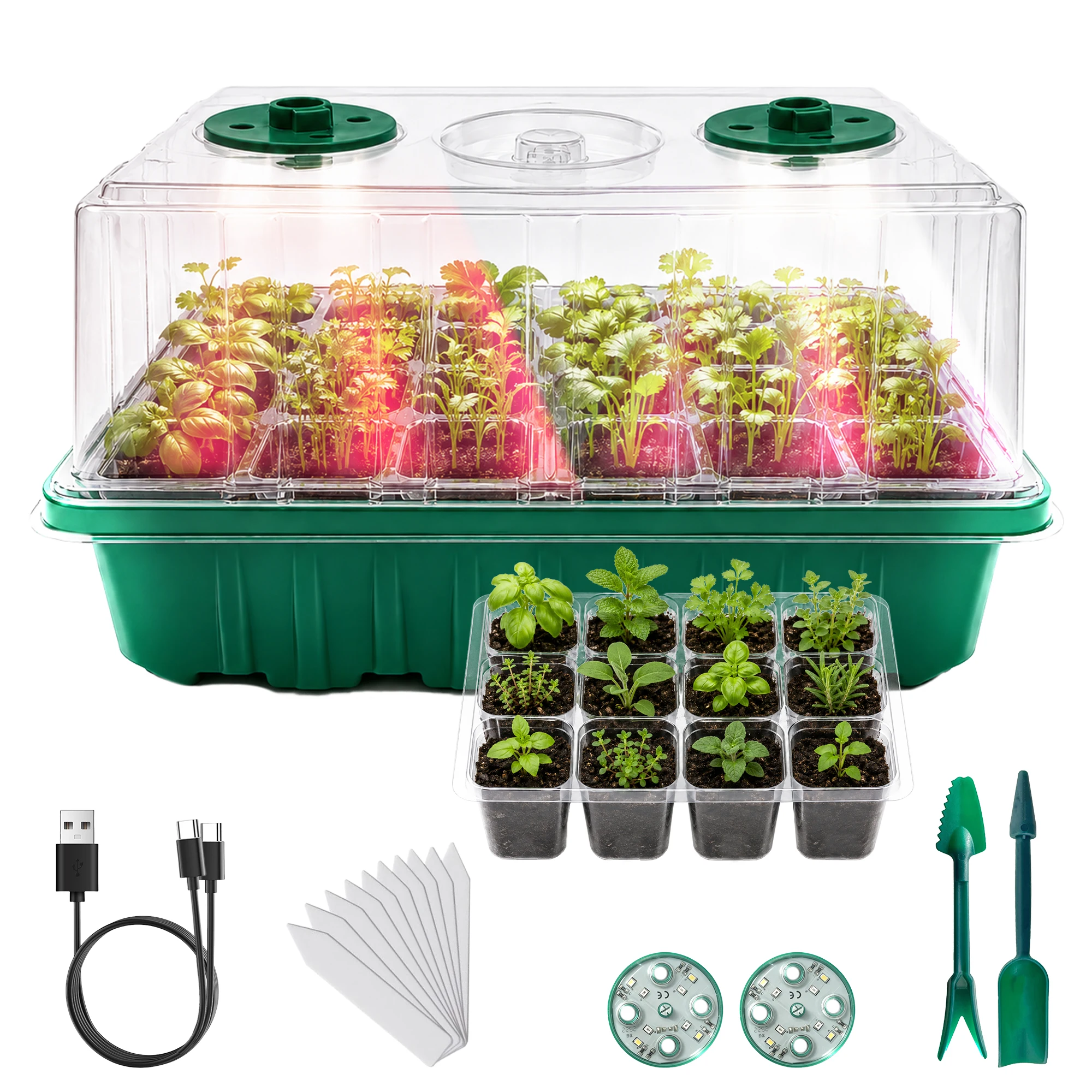 Dome Propagation Kit - 24セル種子スターターキット、8個のLED育成ライト、ドームカバー付き苗トレイ、USB屋内園芸繁殖キット