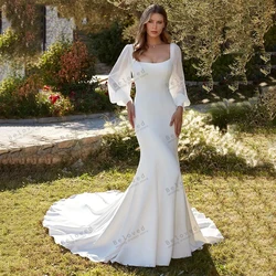 Glamorous Wedding Dresses Modest Bridal Gowns Long Puff Sleeves Square Collar Mermaid Satin Robes Vestidos De Novia Customized