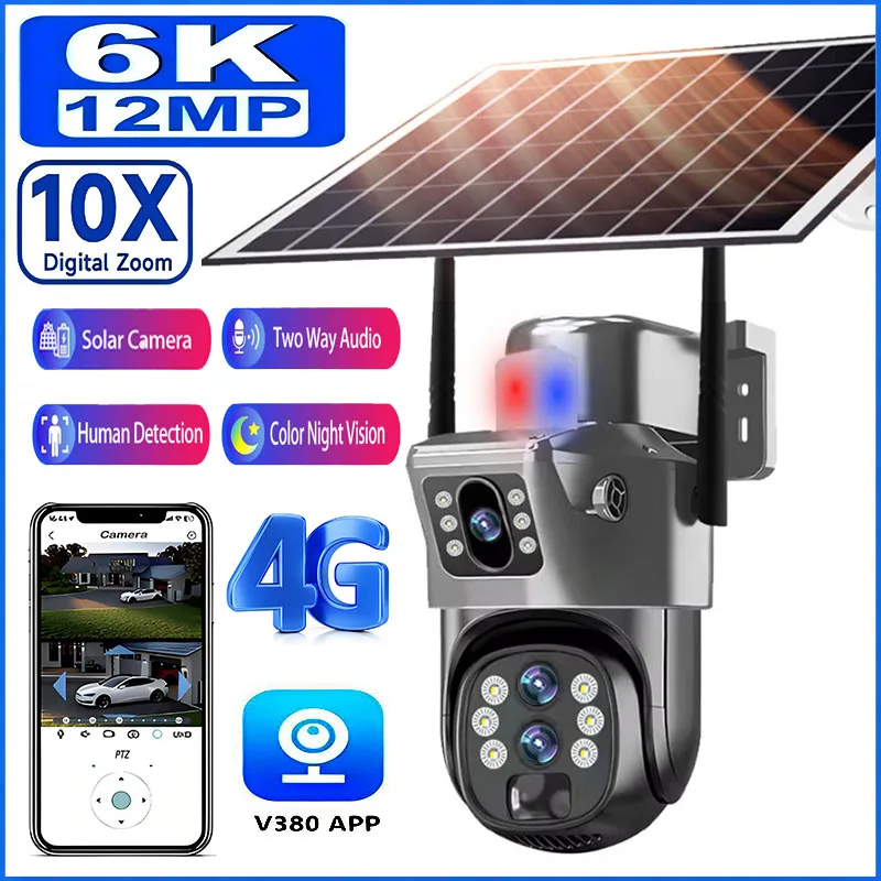 

12MP 10X Zoom 4G Sim Solar Camera Dual Screen Surveillance Outdoor 6K Three Lens PTZ Auto Tracking 360 CCTV Security Camera V380