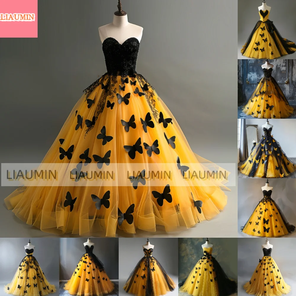 Yellow Tulle Black Butterfly Evening Dresses Bridal Gowns Floor Length Formal Brithday Party Clothing Hand Made Custom W15-32