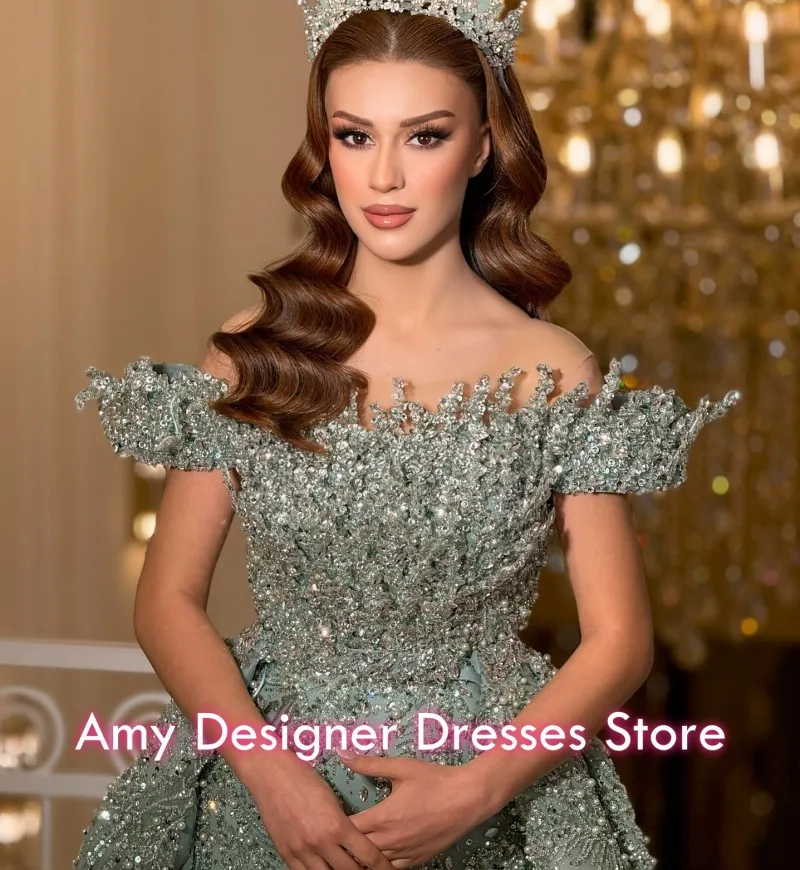 Luxurious Women Evening Dresses Beaded Crystal Ball Gown Prom Dress For Women Bateau Sparkle Party Gowns Customized