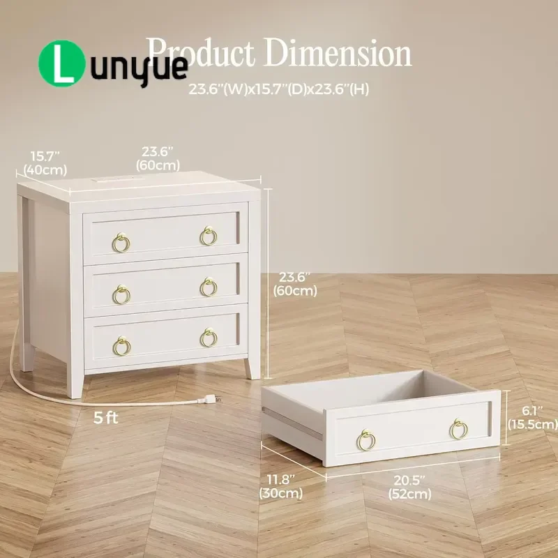 Modern Nightstand with Charger Station 3 Drawer Bedside Table with USB C Port End Table for Bedroom Living Room Furniture