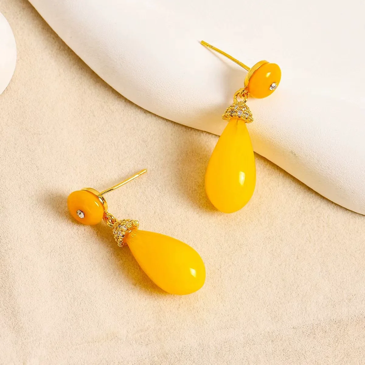 

Gold Tone Yellow Teardrop Gemstone Drop Earrings with Small Sparkling Rhinestone Accents for Women Daily Party Wear