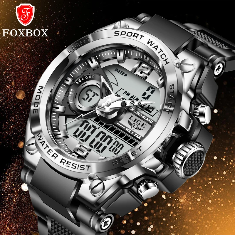 

FOXBOX Fashion Sports Men Watch Luminous Waterproof Dual Display Quartz WristWatch Chronograph Alarm Date Clock Military Watches