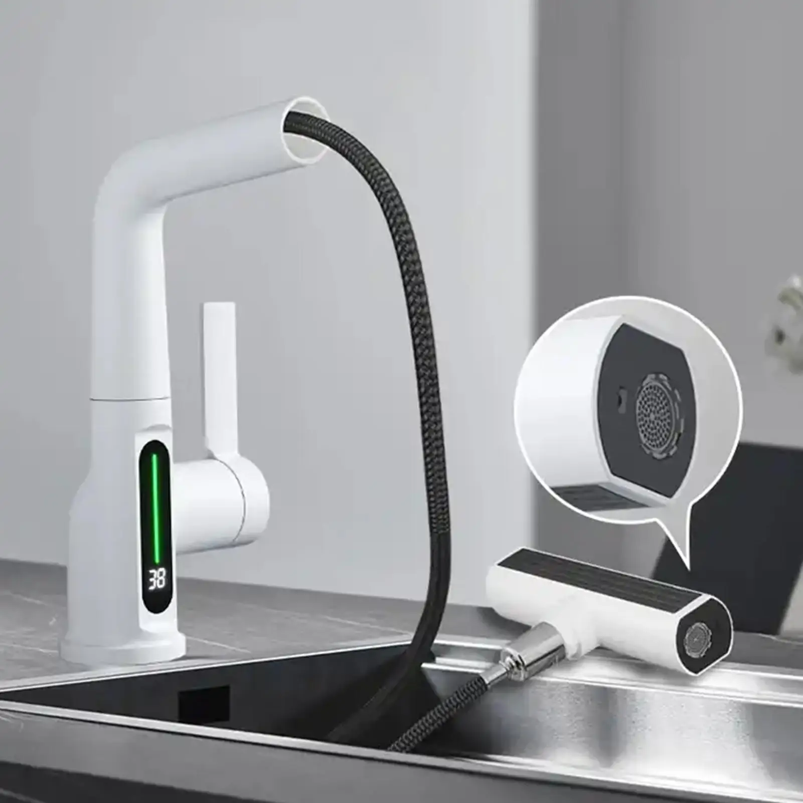 Faucet For Kitchen Smart Pull Down 5 Water Modes Digital Display Faucet Height Adjustable Water Tap For RV Camper Hotel Kitchen