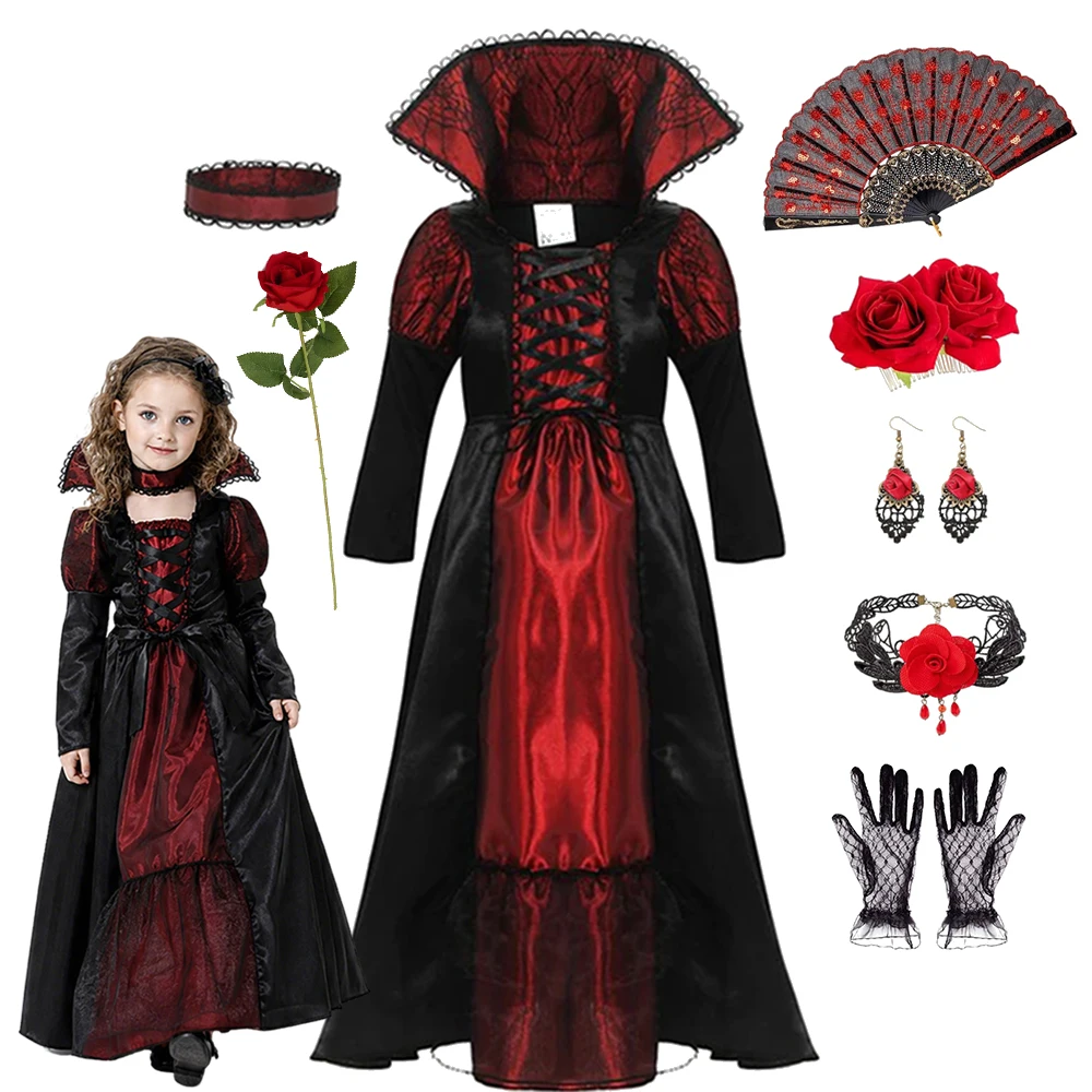 Girls Vampire Queen Costume Black Red Long Dress With Collar Accessory For Halloween Carnival Party Role Play