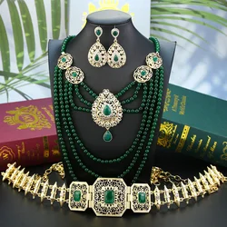 Sunspicems Square Crystal Morocco Belt For Women Bead Chain Necklace Drop Earring Elegent Algeria Bride Jewelry Set Caftan Chain