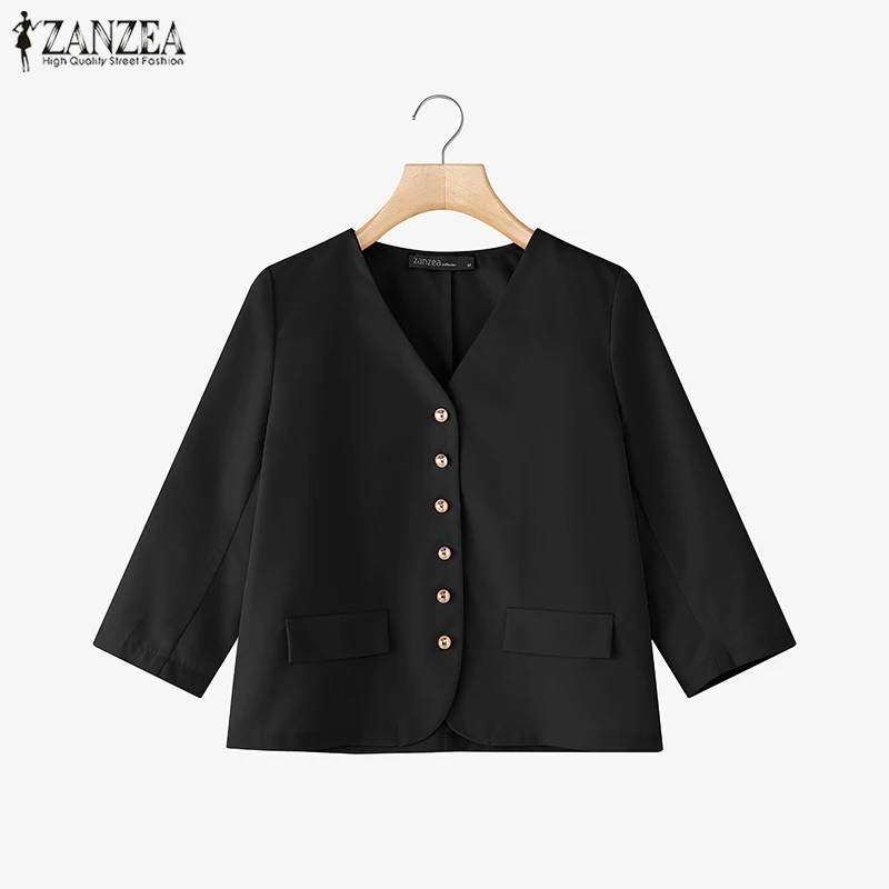 ZANZEA 女性エレガントな軽量ブレザー春カジュアル V ネック 3/4 袖ボタンアップスーツジャケットオフィス通勤女性服