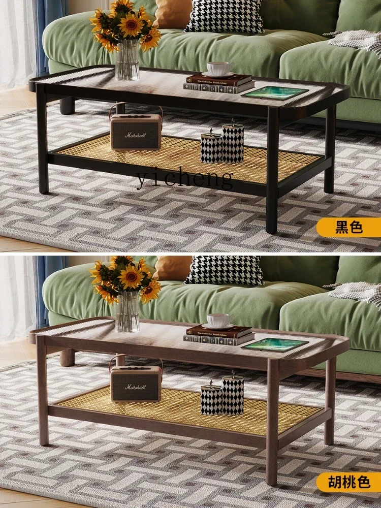 v9.10-American Retro Solid Wood Coffee Table Living Room Rattan Low Table Small New Small Coffee Table