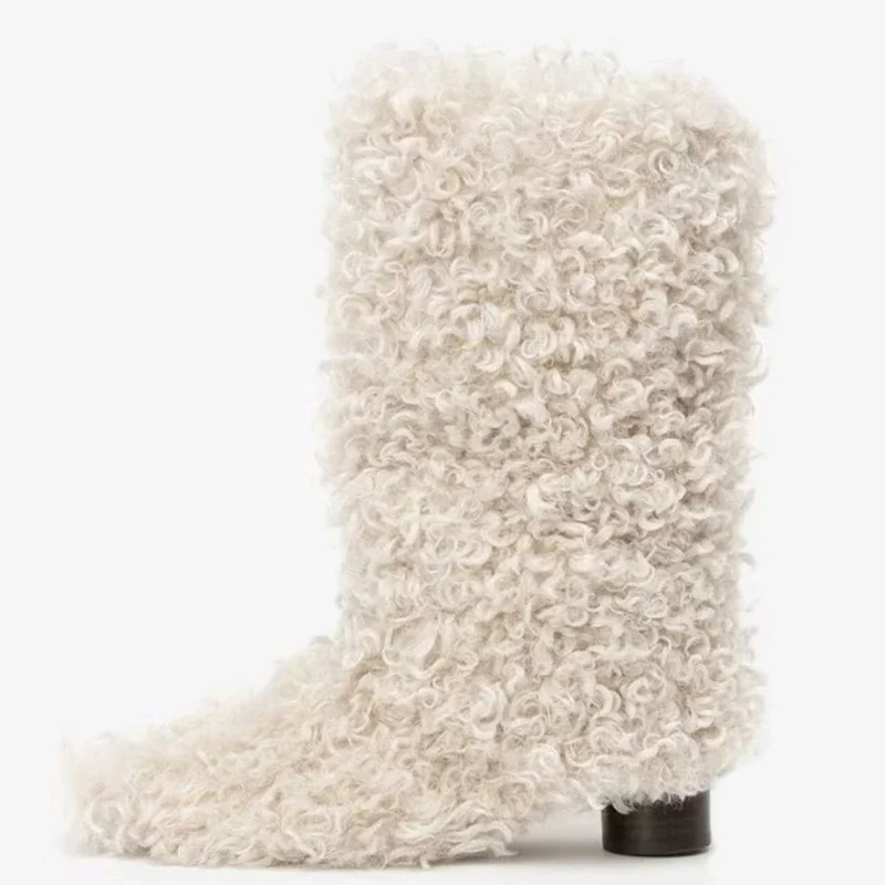 Thick Fur Warm Short Booties Low Round Heels Half Knee High Boots Women Slip On Winter Furry Shoes