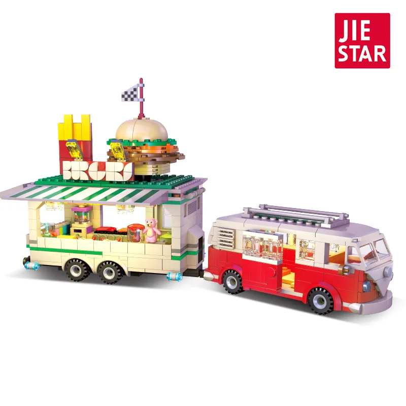 City Street Scene Mini Burger Truck Building Blocks - LED-lit Food Truck Toy, DIY Set for Kids' Creativity