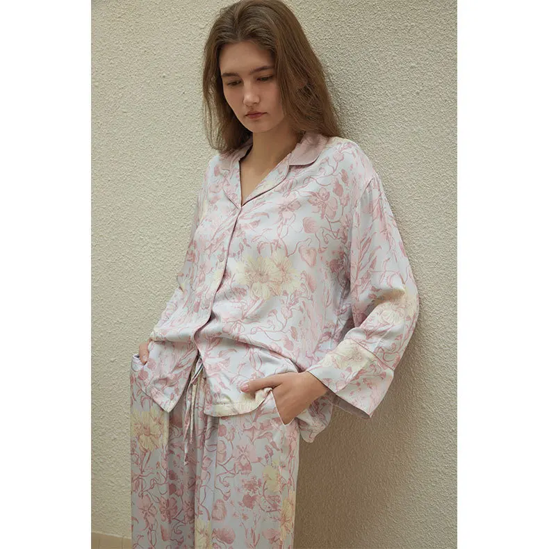 Print Satin Pajamas for Women Lapels Light Luxury Short Sleeve Trousers Pajama Set Viscose 2 Piece Loungewear Women Sleepwear