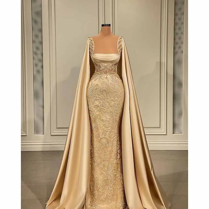 

KSDN Luxury Evening Dress Long Sleeve Golden Appliques Beading Straight Formal Occasion Guest Women Prom Gown Party Vestidos