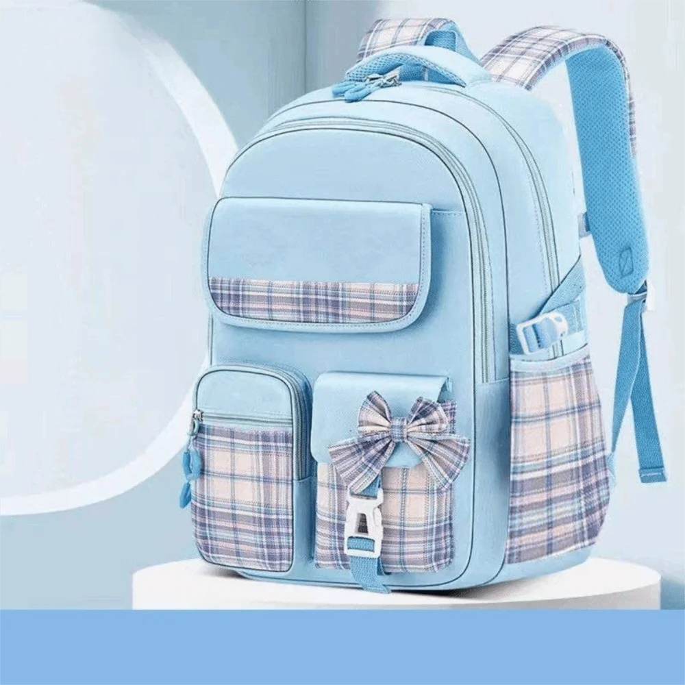 Spine Protection Large Capacity School Backpack Checkered Bow Student Backpack Ergonomic Lightweight Girls Backpack Bookbag