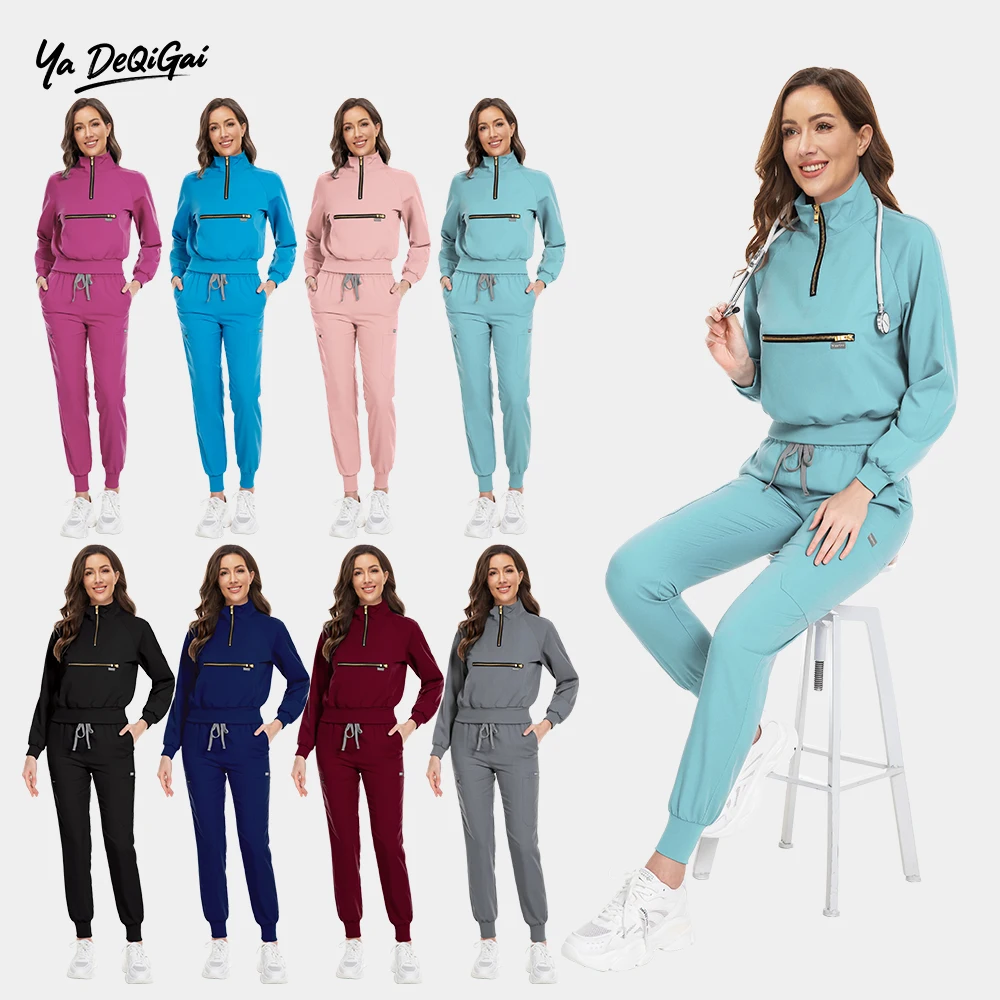 

High Quality Scrub Long Sleeved Top Pants Work Wear with Zipper Pockets Fashion Nursing Scrubs Beauty Medical Veterinary Uniform