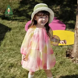 Amila Baby Girl Dress 2024 Spring New  Tie-dye Printed Flower Bud Shape Mesh Princess  Skirt  Fashion Children's Clothing