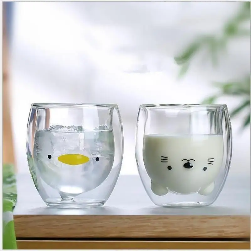 Creative Cute Bear Double-layer Coffee Mug Double Glass Cup Carton Animal Milk Glass Lady Cute Cat Duck Dog Gift Christmas Gift