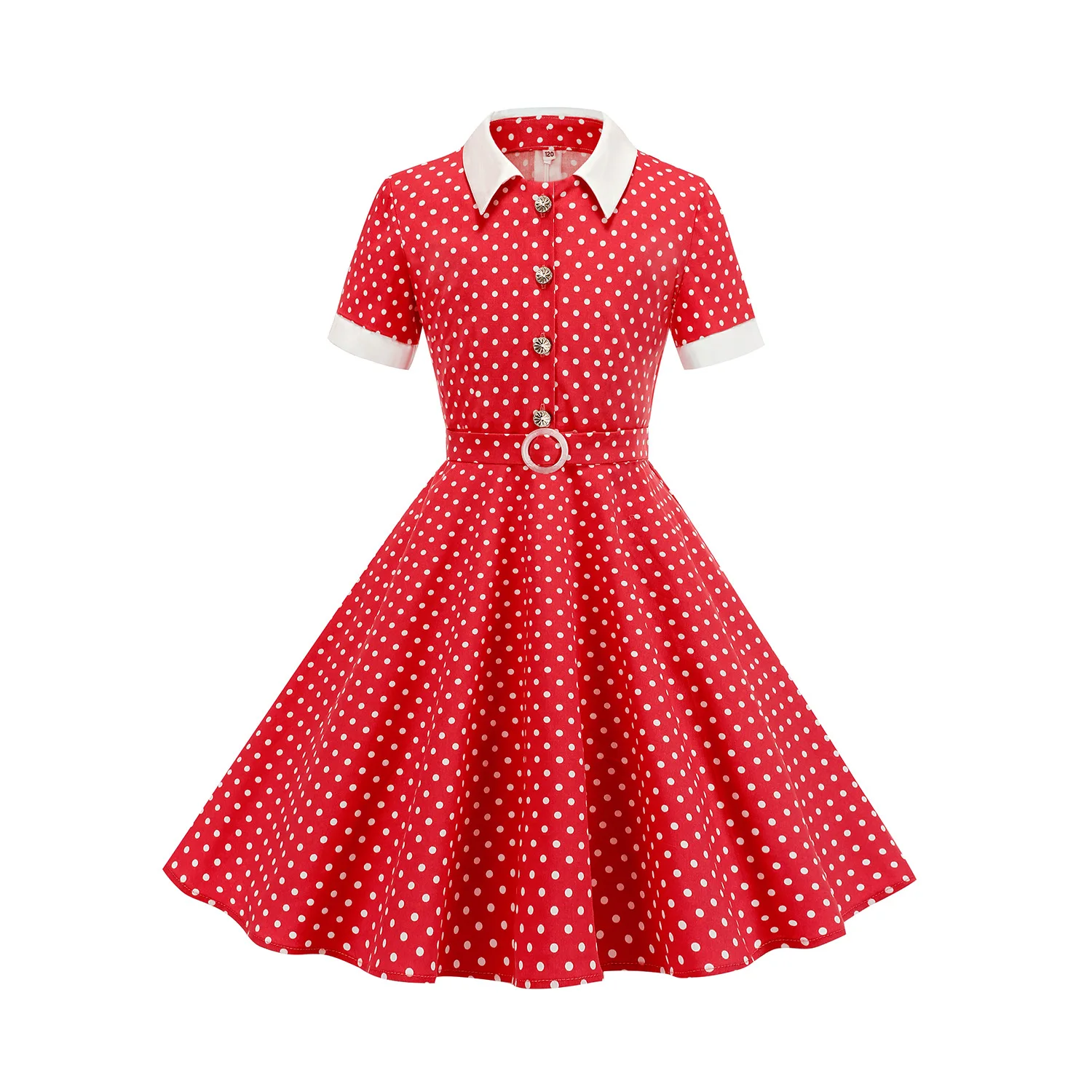 

Hepburn style girl's parent-child dress, retro lapel slim fit open collar lace up evening dress cotton