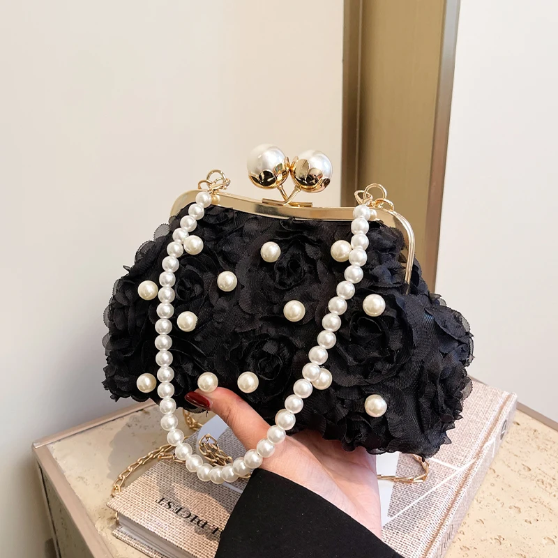 

Elegant Rose Clutch Bag Fashion Wedding Party Purse Women's Clip Bag Luxury Pearl Chain Handbag Versatile Shell Crossbody Bags