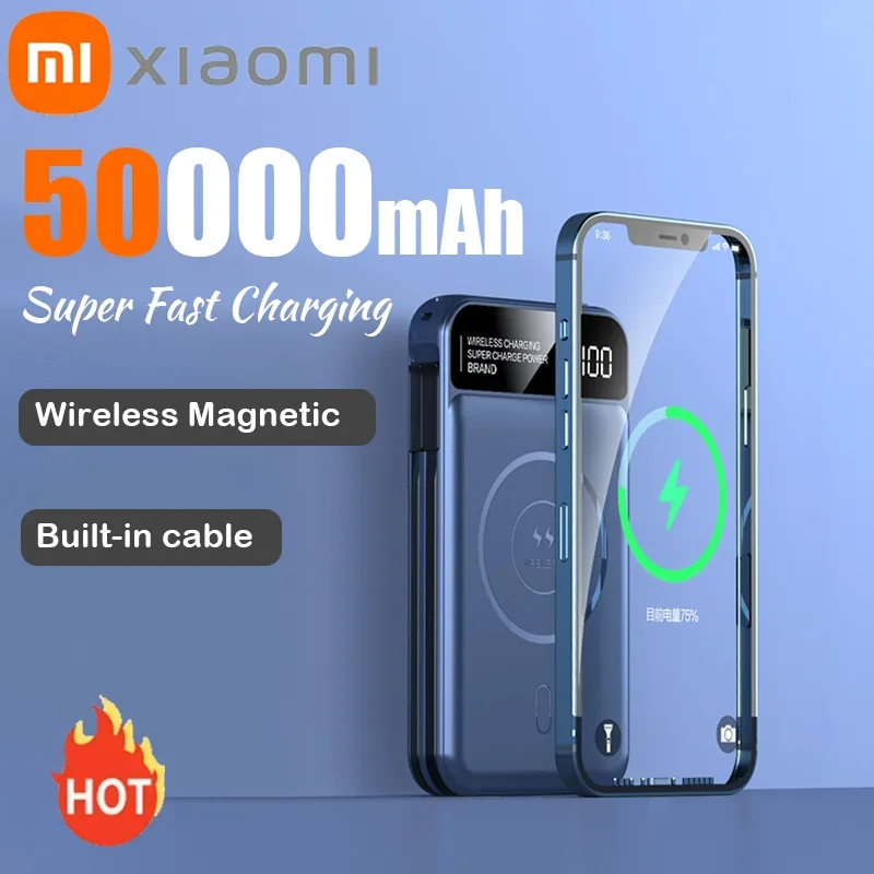 Xiaomi 50000 мАч Магнитный беспроводной аккумулятор Magsafe с быстрой зарядкой Портативный внешний аккумулятор Встроенный провод для Samsung iPhone НОВЫЙ