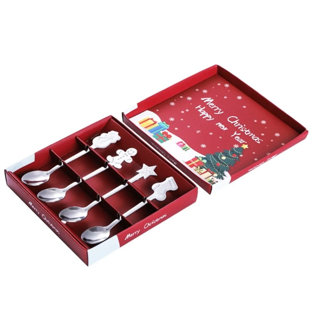 4PCS Set New Stainless Steel Dessert Spoons Snowman Festive Cutlery Spoon Stocking Gingerbread Christmas Teaspoons Table Setting