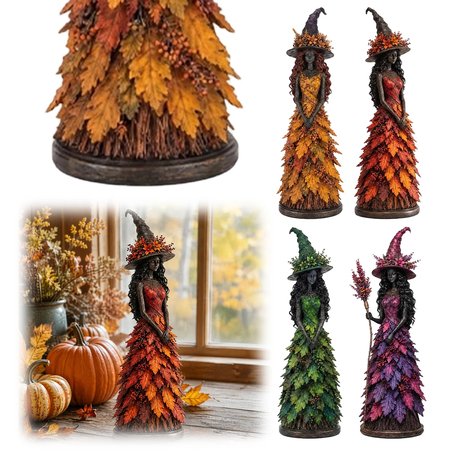 Enchanted Fall Witch Resin Figurine, Halloween Decorative Autumn Witch Sculpture, Seasonal Tabletop Statue for Thanksgiving Home