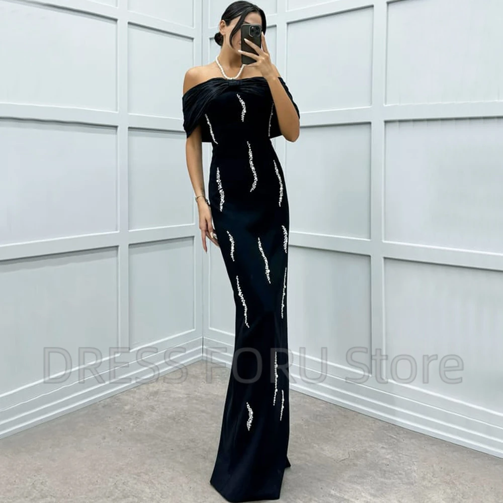 Modern Beading Straight Evening Dress Off the Shoulder Short Sleeves with Pleat Sheath Women Floor Length Back Slit Party Gowns