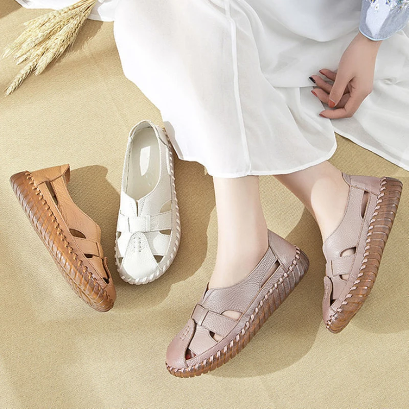 Soft Sole Mum Sandals Women Summer Flats Comfortable Non-slip Loafers Breathable Solid Colour Walking Shoes Sapatenis Feminino