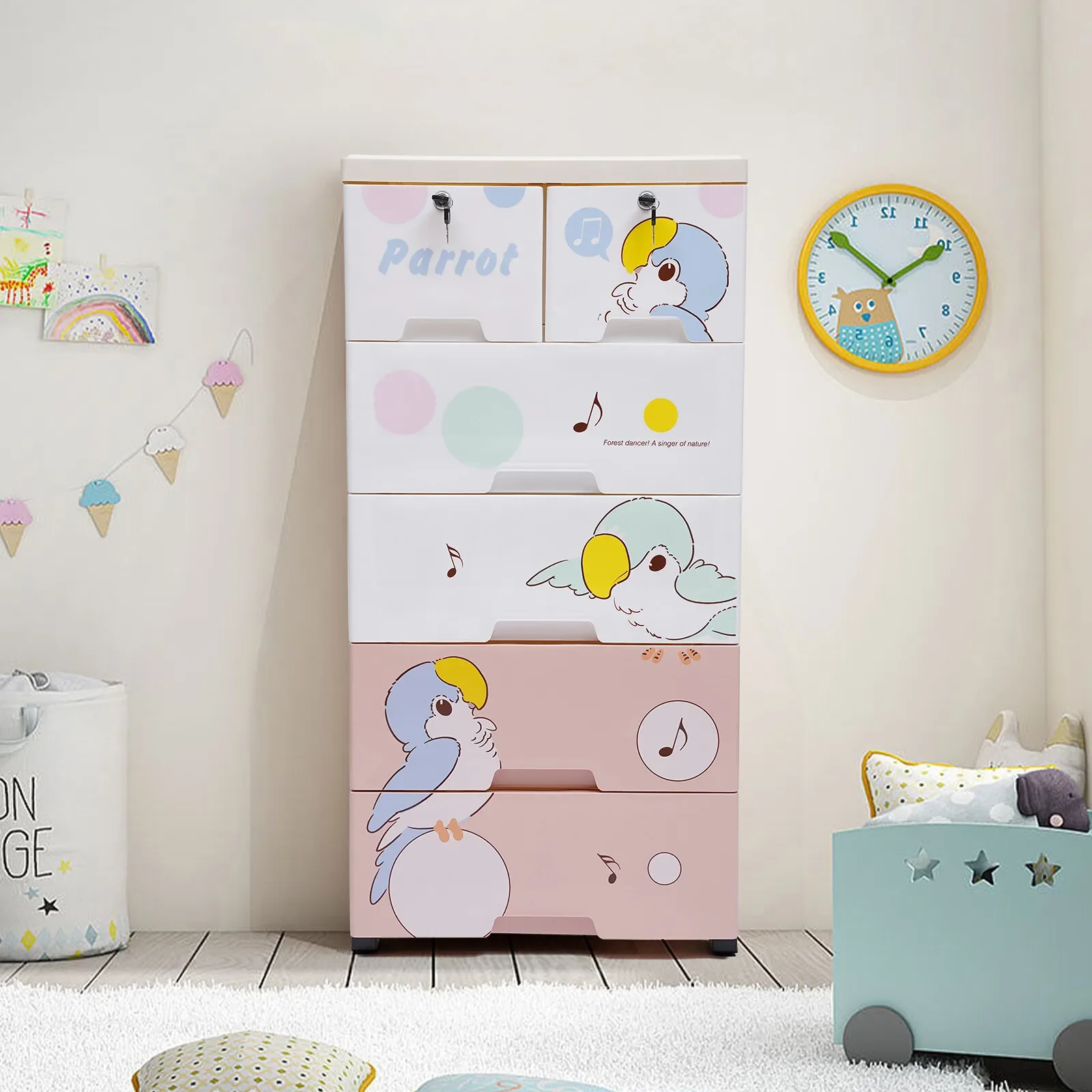 /for 5-Layer Dresser Collection Locker,Cute Parrot Pattern Wardrobe with Rollers ,Large Capacity Food-grade PP Baby Storage Box