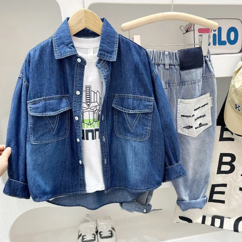 2026 Spring Children's Denim Coat Solid Color Turn-down Collar Boys Shirt Jakcet Kids Loose Casual Outerwear Tops for 3-10 Years