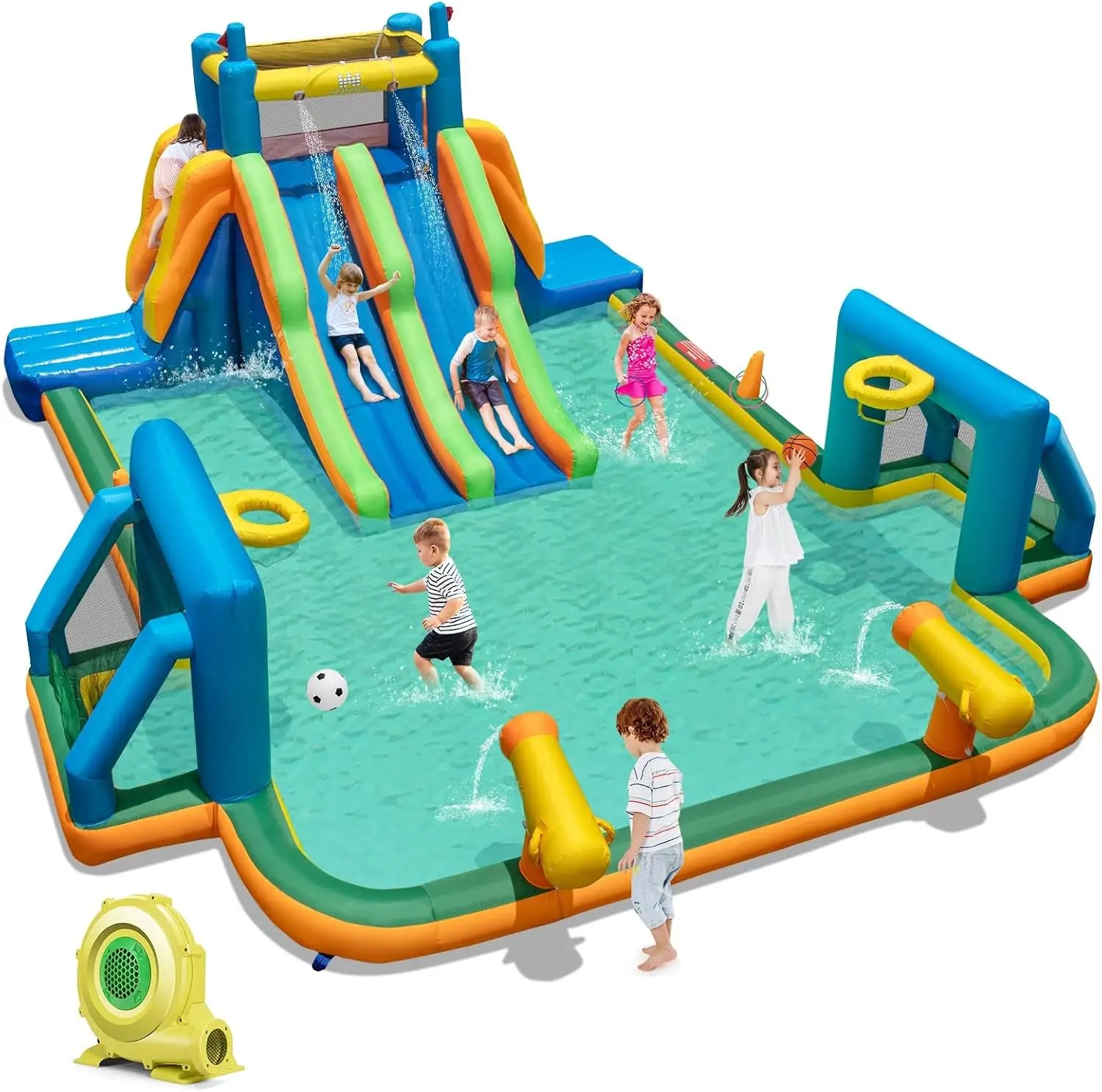 Aufblasbare Wasserrutsche, 19 x 17 Fuß Mega-Wasserrutsche für Kinder mit zwei Rutschen für Rennspaß, 1100-W-Gebläse, Spritzbecken, aufblasbares Wasser