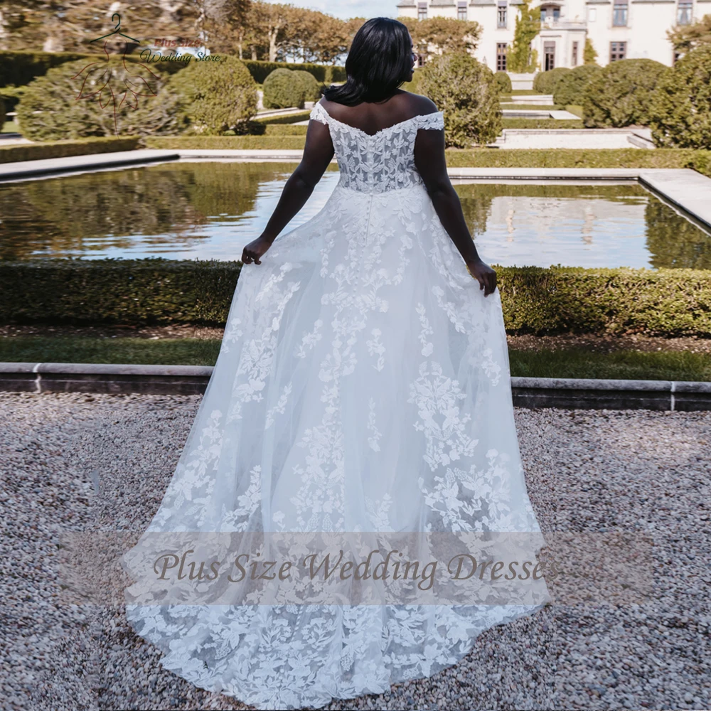 Elegant Off Shoulder Wedding Dresses Plus Size V Neck Sleeveless Bride Gowns Applique Floor Length Tulle A-Line Vestido De Noiva